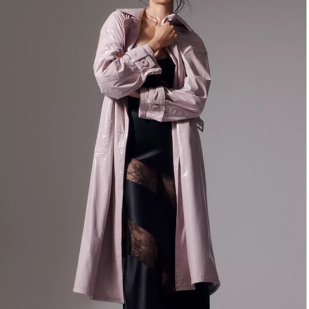 NEW Anthropologie Patent Faux Leather Trench Coat by Maeve Small Lavender Jacket